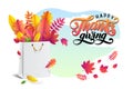 Lettering text Happy Thanksgiving. Vector bright bouquet of autumn fallen leaves in white shopping bag. Sky background.