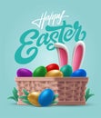 Lettering HAPPY EASTER. Volume realistic 3D wicker basket, painted eggs, rabbit ears on grass. Colorful vector template