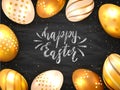 Lettering Happy Easter and Golden Eggs on Black Chalkboard Background Royalty Free Stock Photo