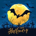 Text Happy Halloween with Bats on Night Background Royalty Free Stock Photo