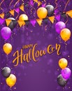 Lettering Happy Halloween with pennants and balloons on violet background