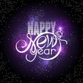 Lettering Happy New year on colorful glowing sparkles background. Shape of text same as Xmas ball
