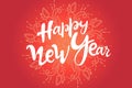 Lettering Happy New Year. 2020 postcard with calligraphy text. hand drawing. white background red gray. isolated Royalty Free Stock Photo