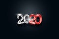 Lettering 2020 happy new year. Silver and red numbers 2020 on a dark background. 3d illustration, 3D render. Festive design, merry Royalty Free Stock Photo