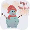 Lettering Happy New Year with snowman in hat and scarf and fireworks vector flat illustration Royalty Free Stock Photo