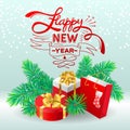 Lettering Happy New Year on xmas tree branch and box gifts, shopping bag. Illustration for winter discount Royalty Free Stock Photo