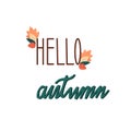 Lettering Hello Autumn. Letters and autumn leaves are hand drawn. Beautiful inscription, vector illustration in doodle