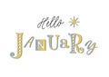 Lettering of Hello January with different letters in colorful gradient decorated with a snowflake on white background