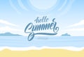 Vector illustration: Lettering of Hello Summer Vacation on Sunny ocean beach background. Paradise landscape Royalty Free Stock Photo