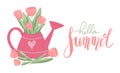 Lettering hello summer. Watering can with tulip and quote. Horizontal card summer card Royalty Free Stock Photo