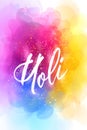 Lettering Holi on colorful abstract background. Colorful powder explosion, gulal powder. Festival of Colors Royalty Free Stock Photo