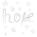 Lettering hope with butterflies, breast cancer fight, contour, print for textile design, paper, raster copy