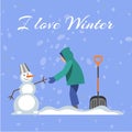 Lettering I love winter, blue background, cold, snowy season, white snowball, funny snowman, cartoon style vector