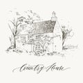 Rural landscape with old farmhouse and garden. Hand drawn illustration. Vector design Royalty Free Stock Photo