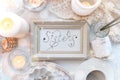 Lettering Inscription Sisters in white frame on shabby chic stylish background, feminity concept Royalty Free Stock Photo