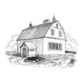Rural landscape with old farmhouse and garden. Hand drawn illustration in vintage style. Large residential barn with a Royalty Free Stock Photo