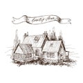 Rural landscape with old farmhouse and garden. Hand drawn illustration in vintage style. Retro tape with an inscription Royalty Free Stock Photo