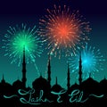 Lettering Jashn E Eid on silhouette of mosque cityscape. Translation Celebration of Eid Festival. Fireworks on abstract night