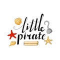 Lettering Little pirate. Hand drawing text for the child. Vector illustration in a cartoon style. white background. Royalty Free Stock Photo