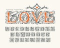 Lettering LOVE and set of vintage alphabet letters Royalty Free Stock Photo