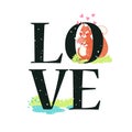 Lettering love word design with cute squirrel with flowers and hearts. Royalty Free Stock Photo