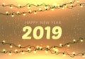 2019 lettering luxury premium light template with golden Christmas garland light bulb in sparkling background. Happy New Year card