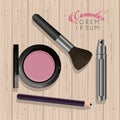 Lettering and makeup cosmetics in wooden background