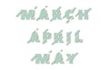 Lettering March, April, May for calendar design with interesting font in paper cut style. Names or titles of months of the year Royalty Free Stock Photo