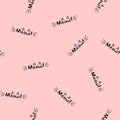 Lettering Meow! Word with cat`s whiskers and ears. Seamless pattern. Royalty Free Stock Photo