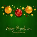 Holiday decorations with Christmas balls on green knitted background Royalty Free Stock Photo