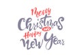 Lettering Merry Christmas and Happy New Year. 2020 postcard with calligraphy text. hand drawing. white background red Royalty Free Stock Photo