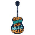 Lettering, musical quote in the form of a silhouette of a classical acoustic guitar. Retro poster in boho style