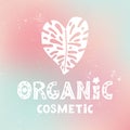 Lettering organic cosmetics decorated with leaf in the shape of a heart. White text on a pink gradient with texture spots and dots