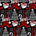 Lettering Paris and Eiffel Tower. Seamless pattern Merry Christmas and Happy new year fashion sketch gift box, tree and Royalty Free Stock Photo