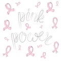 Lettering pink power with ribbons fighting breast cancer contour print for textile design paper, raster copy