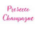 Lettering prosecco champagne. Typography watercolor hand-drawn text, vector modern pink illustration for menu or campaign