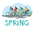 Lettering Spring. A group of people riding bicycles Royalty Free Stock Photo