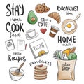 Lettering Stay home and cook, Cute hand draw doodle illustrations, Stay home sketch and lettering, Self-isolation stickers,