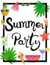 Lettering. Summer party. Frame decorated with watermelon, pineapple, ice cream, glasses, cocktail, starfish and palm leaves. Royalty Free Stock Photo