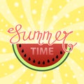 Lettering Summer Time Text with Watermelon on Yellow Swirl Starry Backgground. Hand Sketched Typography Sign