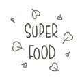 Lettering Super Food with decorative leaves. Hand drawing font. Green letters of the alphabet on a white background