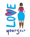 Lettering with a tect love yourself and vitiligo in African girl as a concept of skin diseases, flat vector stock illustration