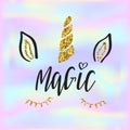 Lettering text Magic and unicorn face on vector background with fish scale and shining sparcles on soft pastel magic color palette