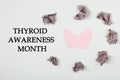 lettering thyroid awareness month, wads of paper and thyroid from felt on gray background, treatment and diagnosis of