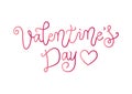 Lettering of Valentines day in mono line style in pink gradient decorated with heart isolated on white backgroun