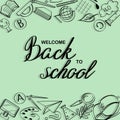 Lettering Welcome Back to School banner with texture from line art icons of education, science objects  on the green background. Royalty Free Stock Photo
