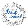 Lettering Welcome Back To School Banner With Texture From Line Art Icons Of Education, Science Objects  On The White Background.