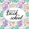 Lettering Welcome Back To School Banner With Texture From Line Art Icons Of Education, Science Objects  On White Oval Shape And Co