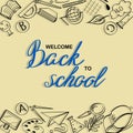 Lettering Welcome Back To School Banner With Texture From Line Art Icons Of Education, Science Objects  On The Yellow Background