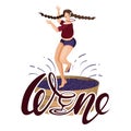 Lettering wine with stylized letter i in shape of glass. Girl is crushing grapes with feet while dancing in large wooden vat.